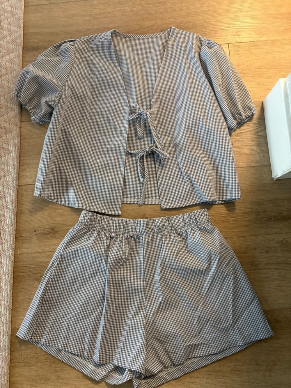 Gingham Tie-Front Top & Shorts Set - black and white